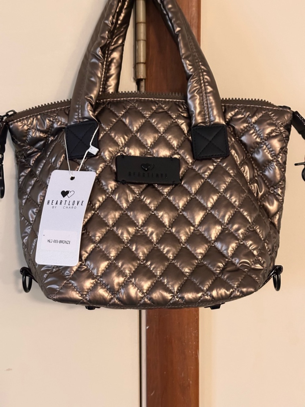 Heartlove by Charo Mini Quilted Metallic Bronze Tote Bag w/Strap and  pouch